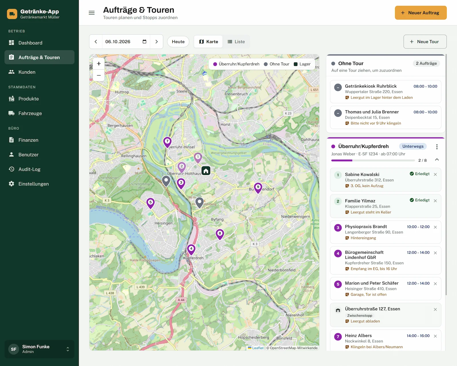 Tourenplanung der Getränke-App mit Karte und Stopp-Liste
